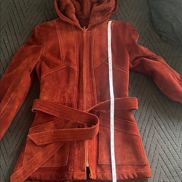 Vintage Burnt Orange Suede Leather Hooded Belted Coat, Fits XXS, Made in Uruguay - Picture 11 of 12